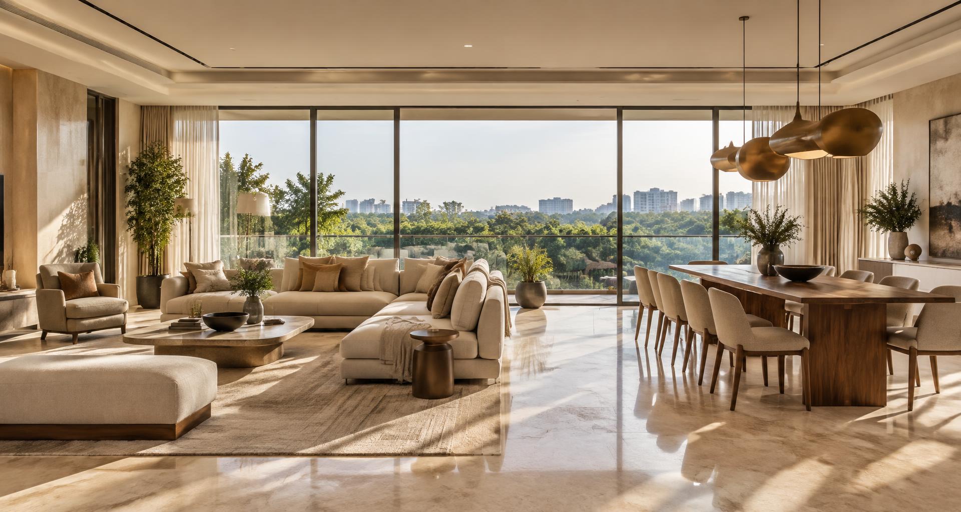 Illustrative spacious luxury living and dining interior
