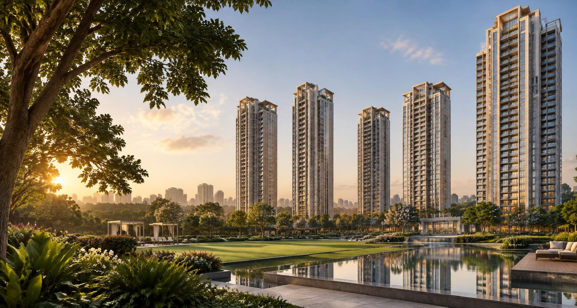 Illustrative high-rise residences amid lush landscaped gardens